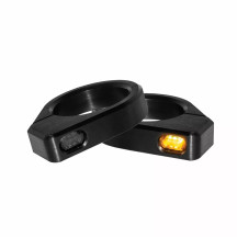LED Handlebar Turn Signals — 12V, front clamp mount, black housing, amber LED