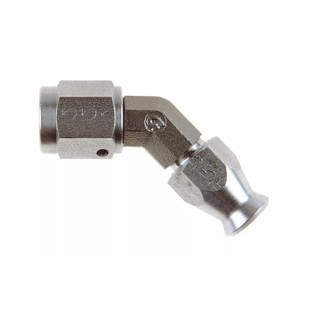 Rótula giratoria Serie 600 — manguera -3, codo 45°, plateado