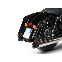 Silenciadores Slip-On Slash-Cut de 4.33 pulgadas para HD-TOURING E5 — acero inoxidable pulido, tapa final negra, 2 slip-on