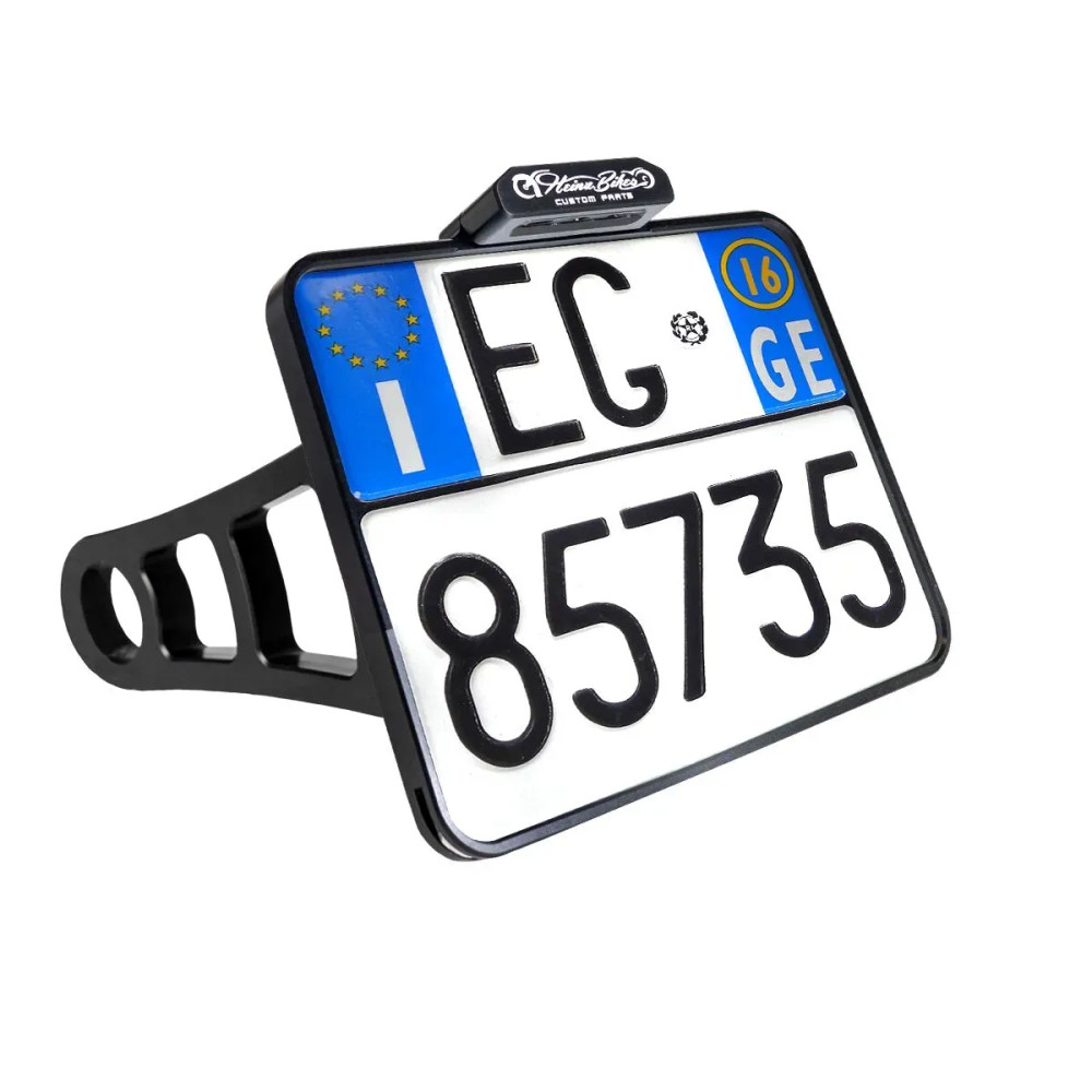 License Plate Side Mounts — 1" axle, 17.7 cm (6-31/32"), anodized black or chrome