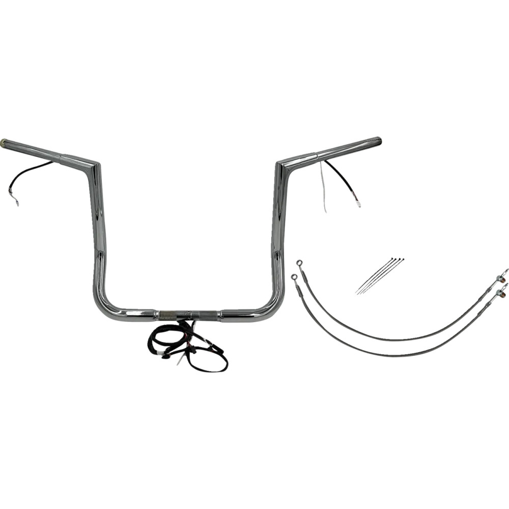 Kit de manillar Flat Top EZ Install con cableado 1-1/4" — 1-1/4" diámetro, 14" alzada, 15-1/2" ancho central, abrazadera 1", cro