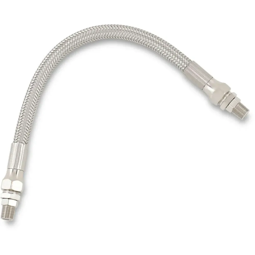 Línea de aceite trenzada universal de acero inoxidable — 10" de longitud, racor 1/8" NPT, 11/32" diámetro interior, cromado