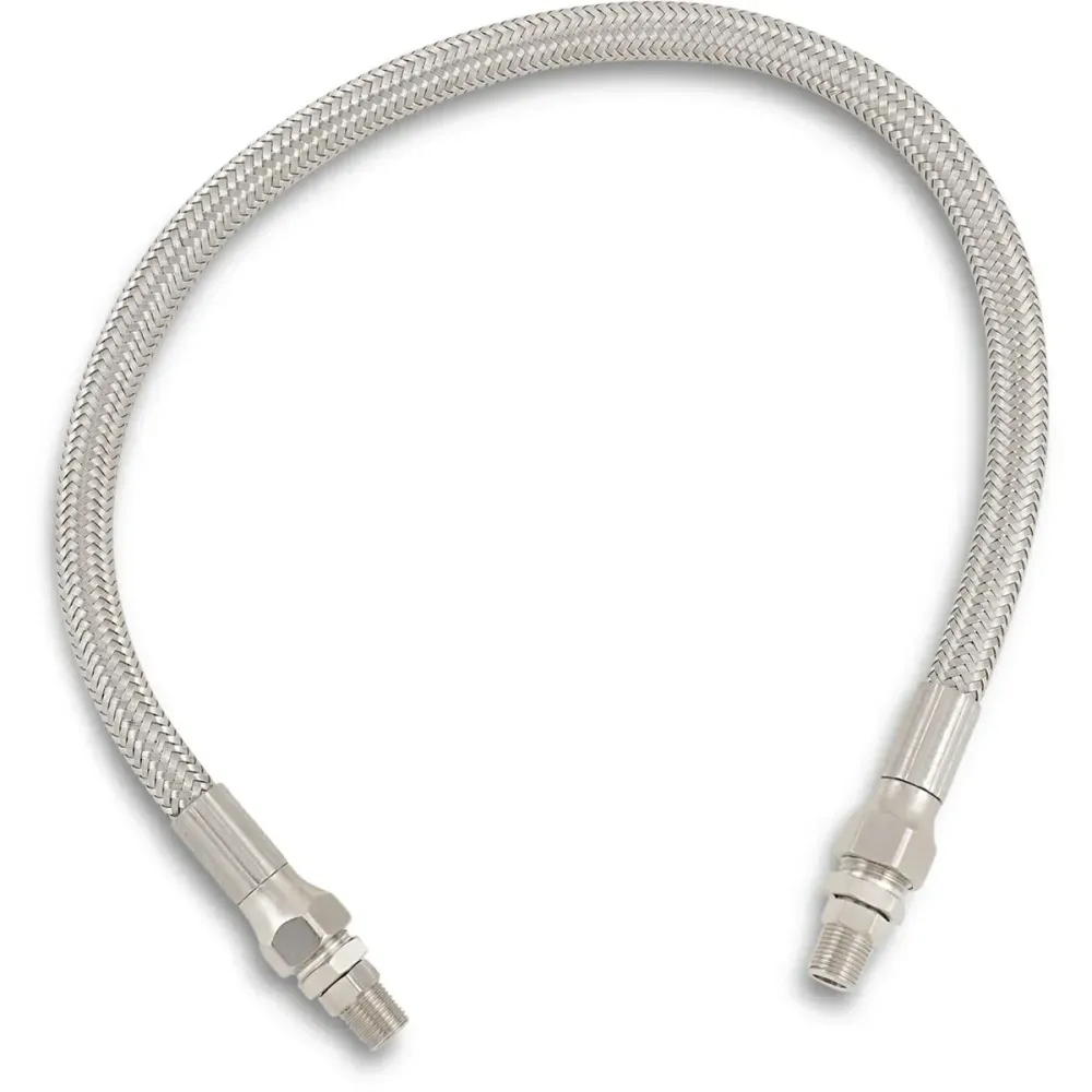 Línea de aceite universal trenzada de acero inoxidable — conectores 1/8\" NPT, Ø 8,7 mm, 18\" de largo, cromado