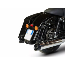 Silenciadores Slip-On Slash-Cut de 4.33 pulgadas para HD-TOURING E5 — acero inoxidable pulido, tapa final negra, 2 slip-on