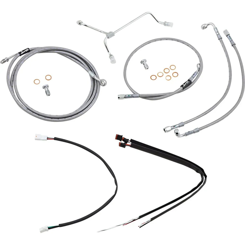 Kit completo de cables/latiguillos de freno trenzados de acero inoxidable — ajuste Ape Hanger 14", Natural (Plateado)