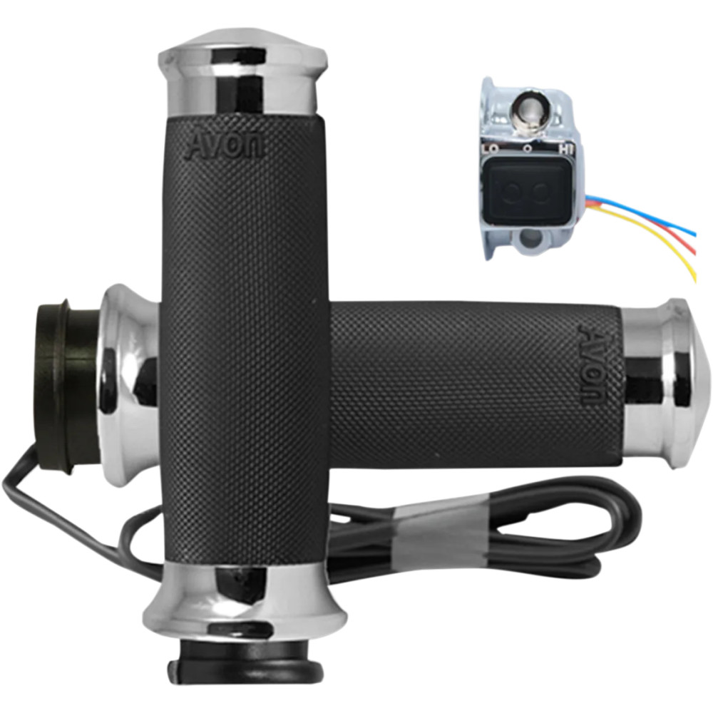 Puños calefactables — 1" diámetro de manillar, 14 cm de longitud, Throttle-By-Wire, Negro, Cromado