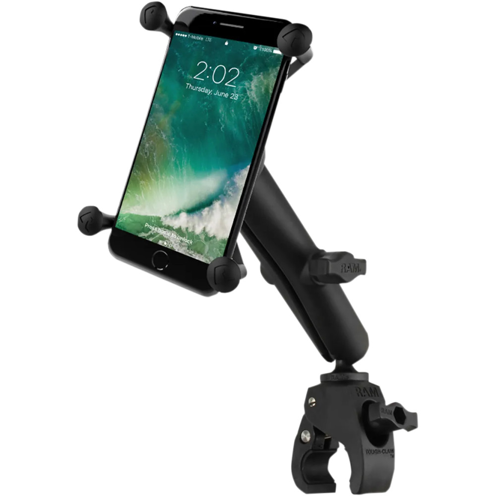 Base pequeña Tough-Claw™ con brazo doble de casquillo largo y cuna Universal Ram® X-Grip® — montaje por abrazadera, cuna univers