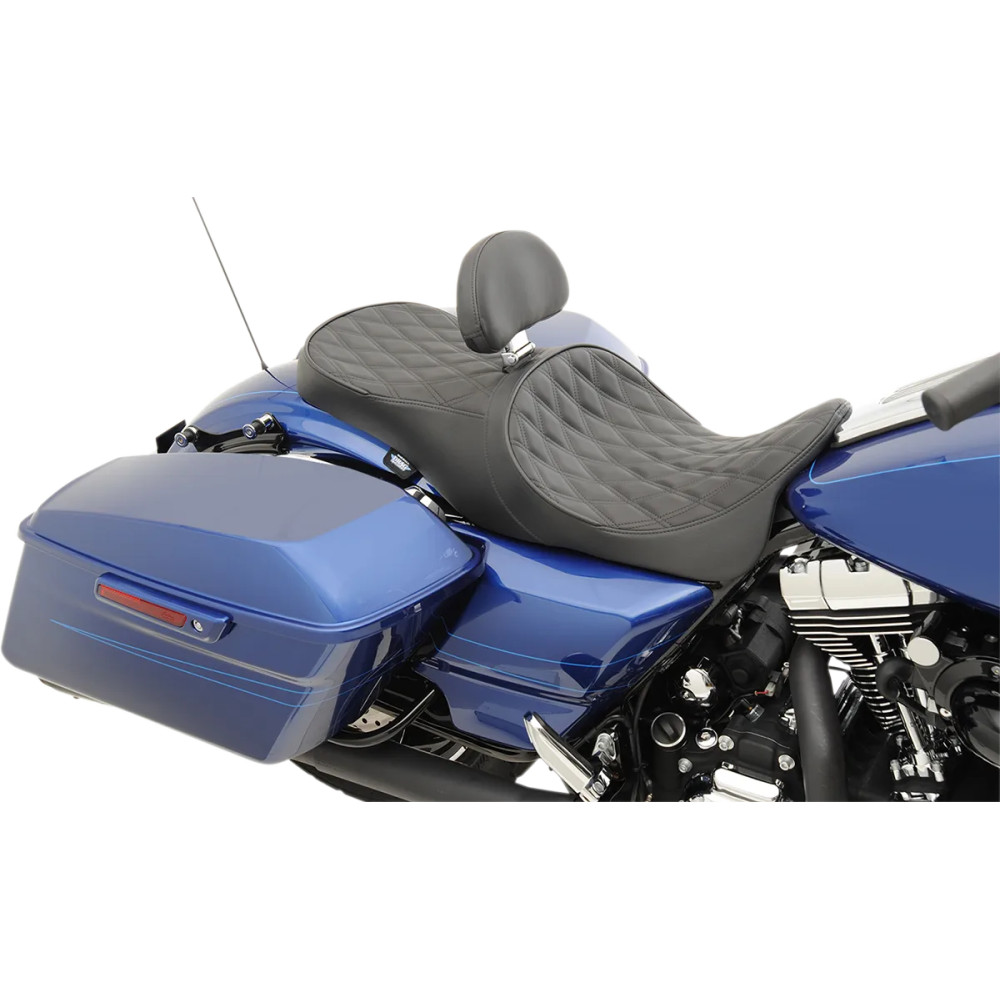 Asiento touring de cuero 2 plazas perfil bajo con posición adelantada — Largo total 77.5 cm, conductor 38 cm, pasajero 31.8 cm, 