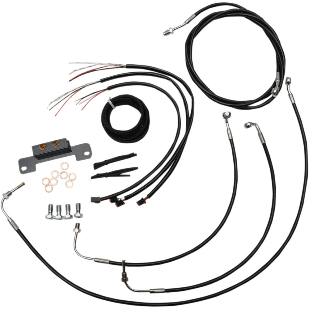 Kit completo de cables/latiguillos de freno y embrague trenzados de vinilo negros para manillar — Para risers de 12"–14", sin AB