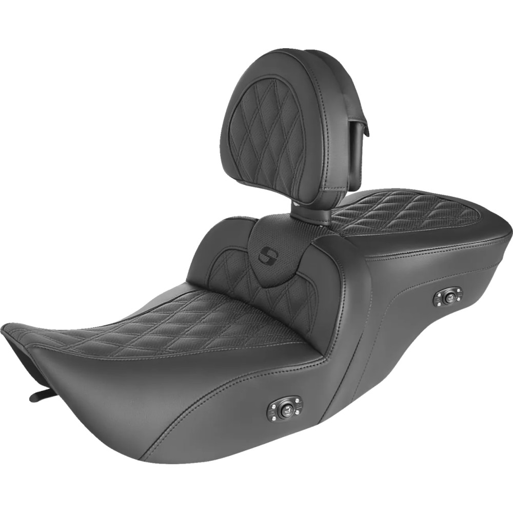 Asiento Roadsofa™ con costura enrejada y calefacción — Negro, 77.5 cm total, conductor 38 cm × 37 cm