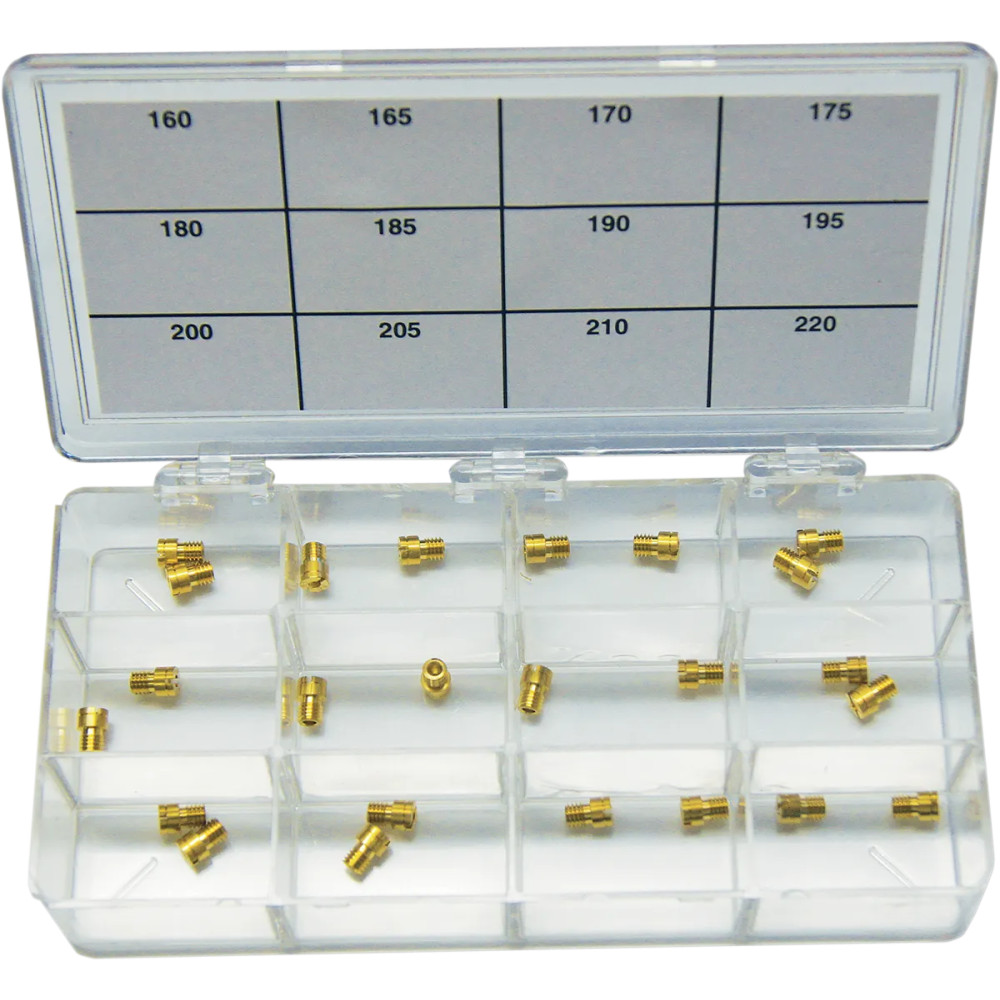 A-Bax Engineering Main Jets Assortment for Keihin CV Carburetor Kit — Jet sizes 160–220, head 7.00 mm, length 8.00 mm, gold