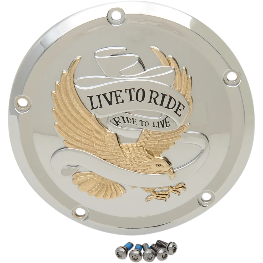 Live To Ride Derby Cover — 5-hole mount, Gold, Silver