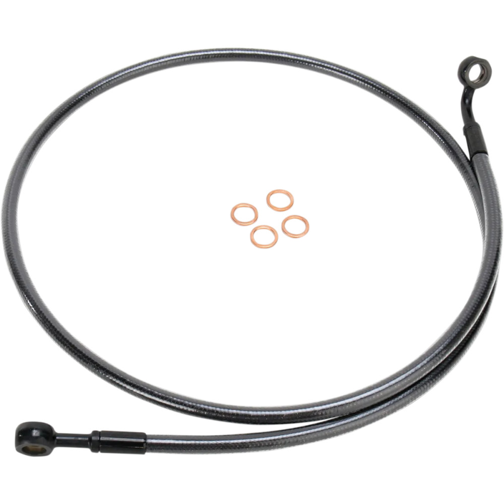 E-Z Align Braided Single Disc Front Brake Line — 42" length, 10 mm 180° upper banjo, 3/8" 60° lower banjo, without ABS