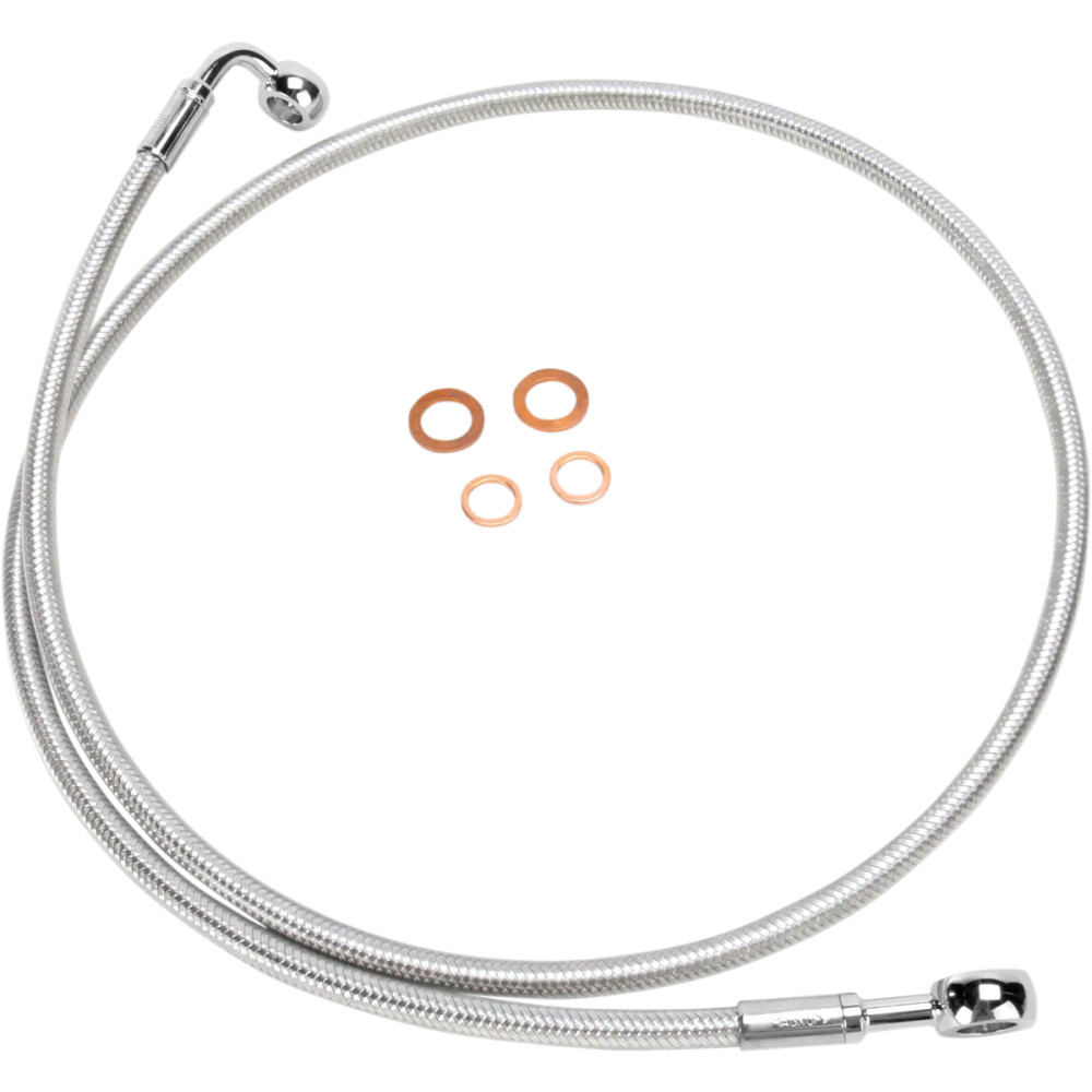 E-Z Align Braided Single Disc Front Brake Line — 127 cm (50\"), non-ABS, 7/16\" 180° upper, 10 mm 90° lower, polished silver