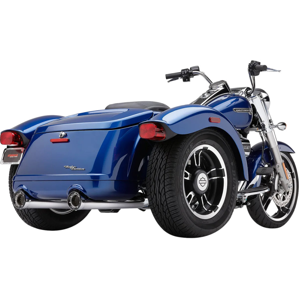 Silenciadores Slip-On RPT — para Harley-Davidson Freewheeler, cuerpo 3,75 pulg. que se abre a 4 pulg., cromo con puntas negras