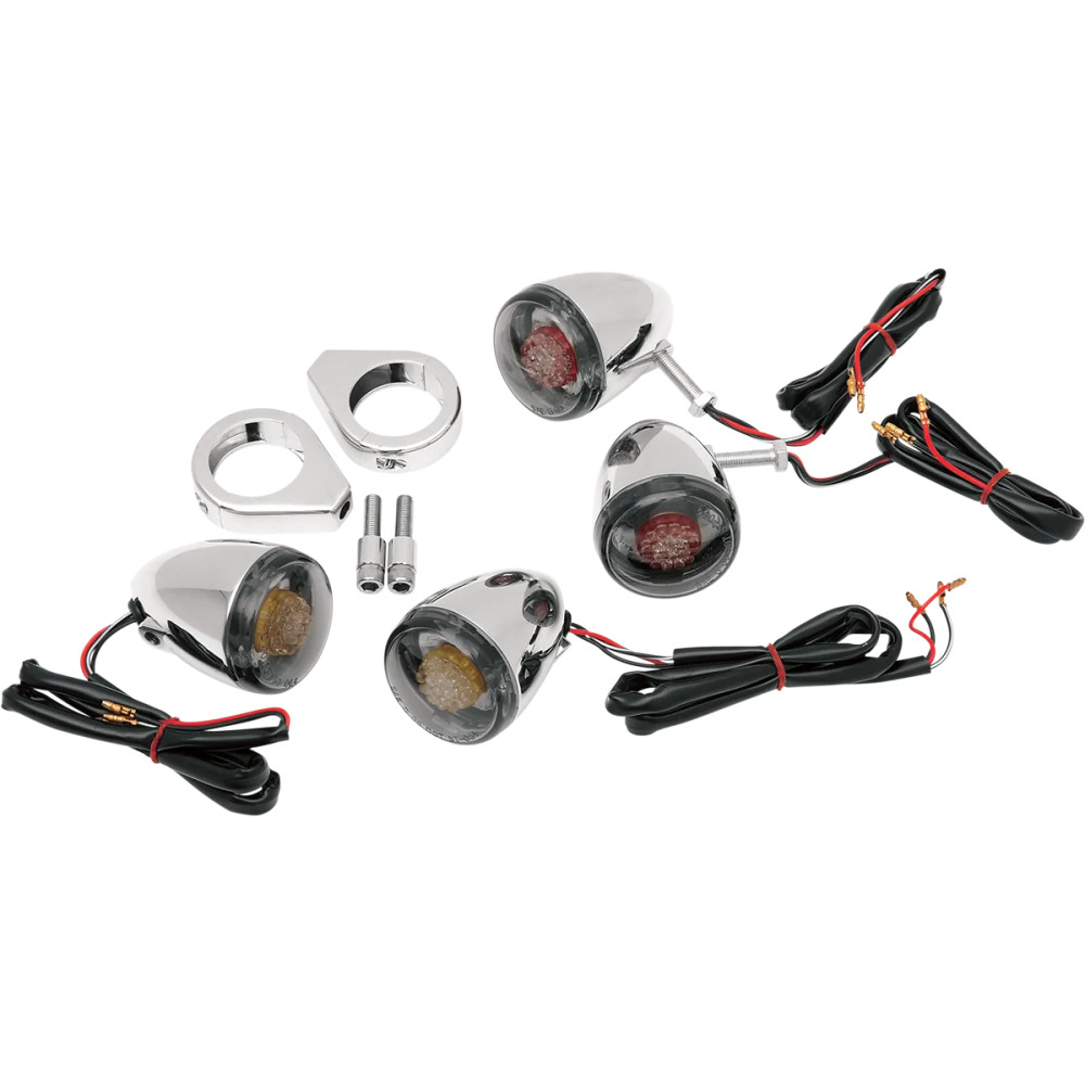 Kit de intermitentes LED estilo Deuce personalizado — abrazadera 41 mm, 12 V, carcasas cromadas, lentes ahumadas