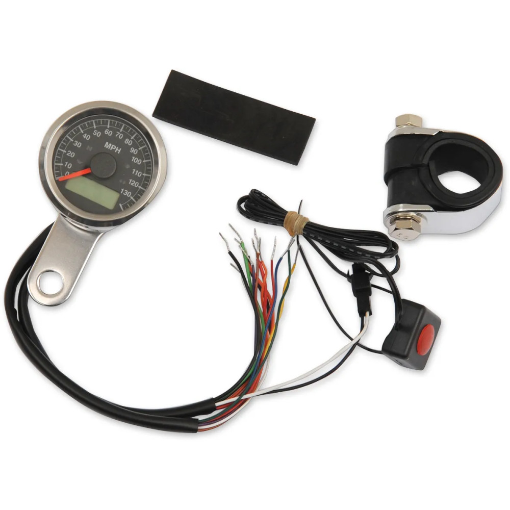 Velocímetro electrónico programable de 1-7/8" con luces indicadoras — 47,6 mm (1-7/8"), carcasa acero inoxidable, esfera negra