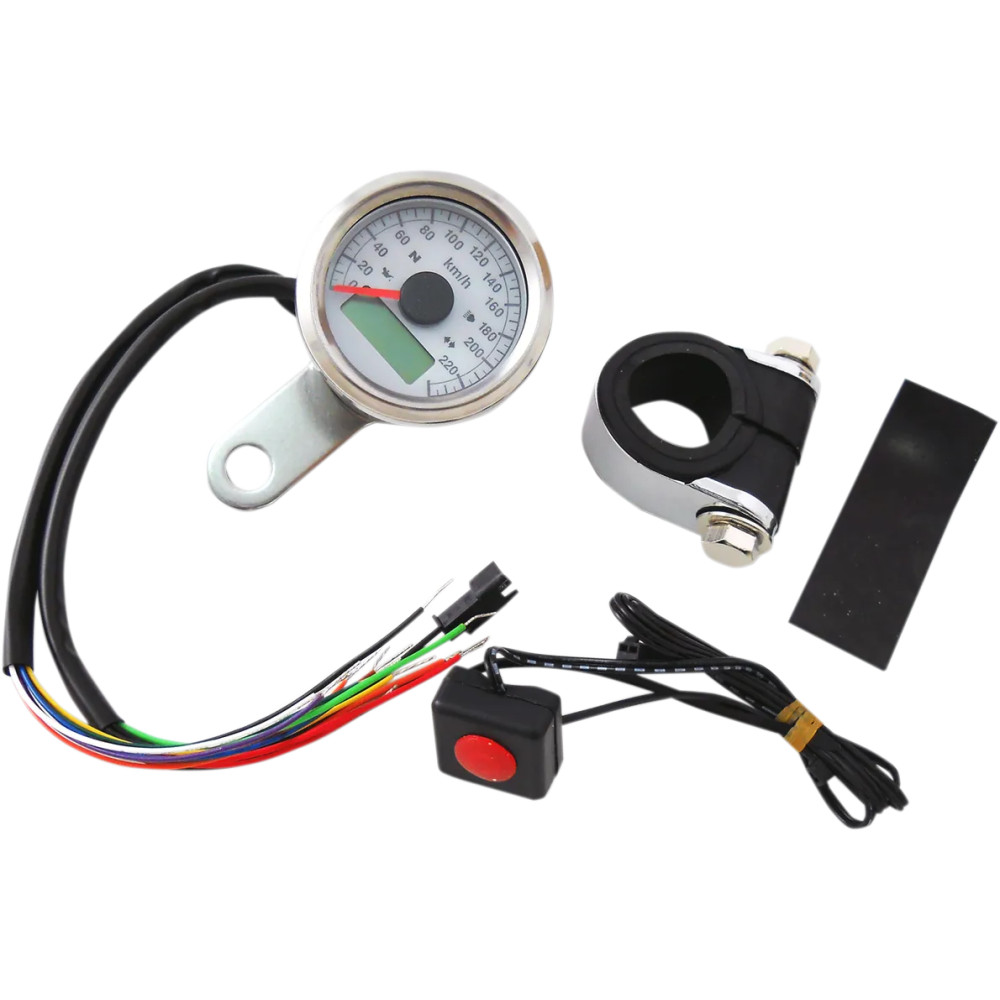 Velocímetro métrico programable de 1-7/8" con luces indicadoras — bisel 1-7/8", 12V LED, para tubo 7/8–1-1/4"
