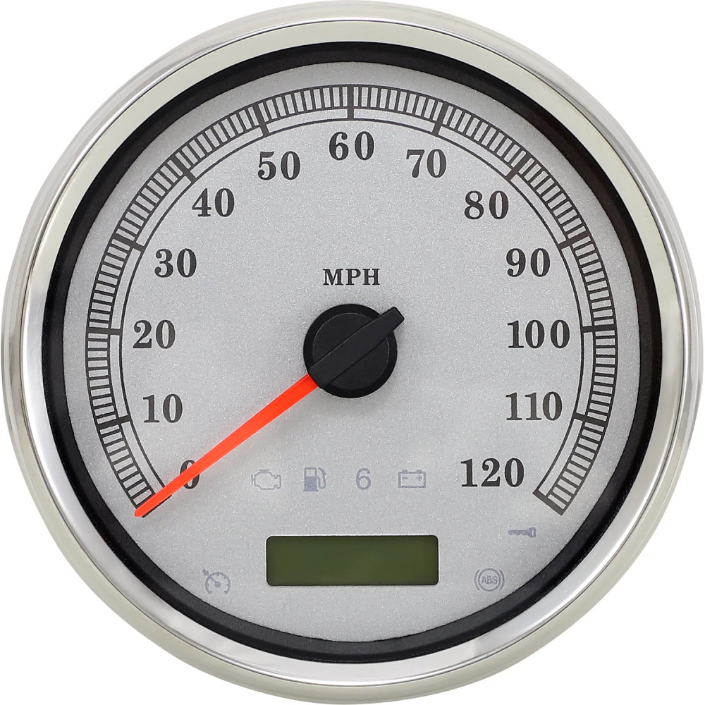 Velocímetro electrónico imperial programable de 5" — 0 mph - 120 mph, esfera blanca, carcasa plateada